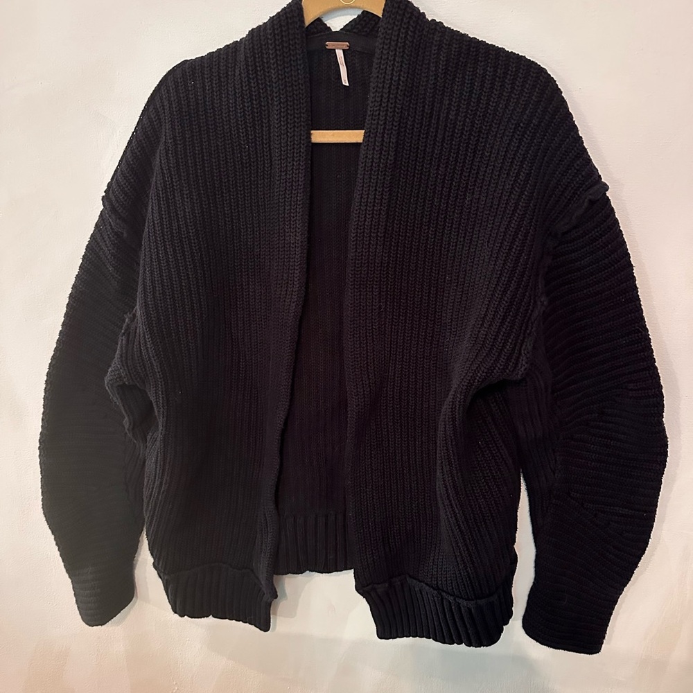 Free People High Hopes Chunky Ribbed Knit Cardigan Sweater Black - Picture 2 of 5
